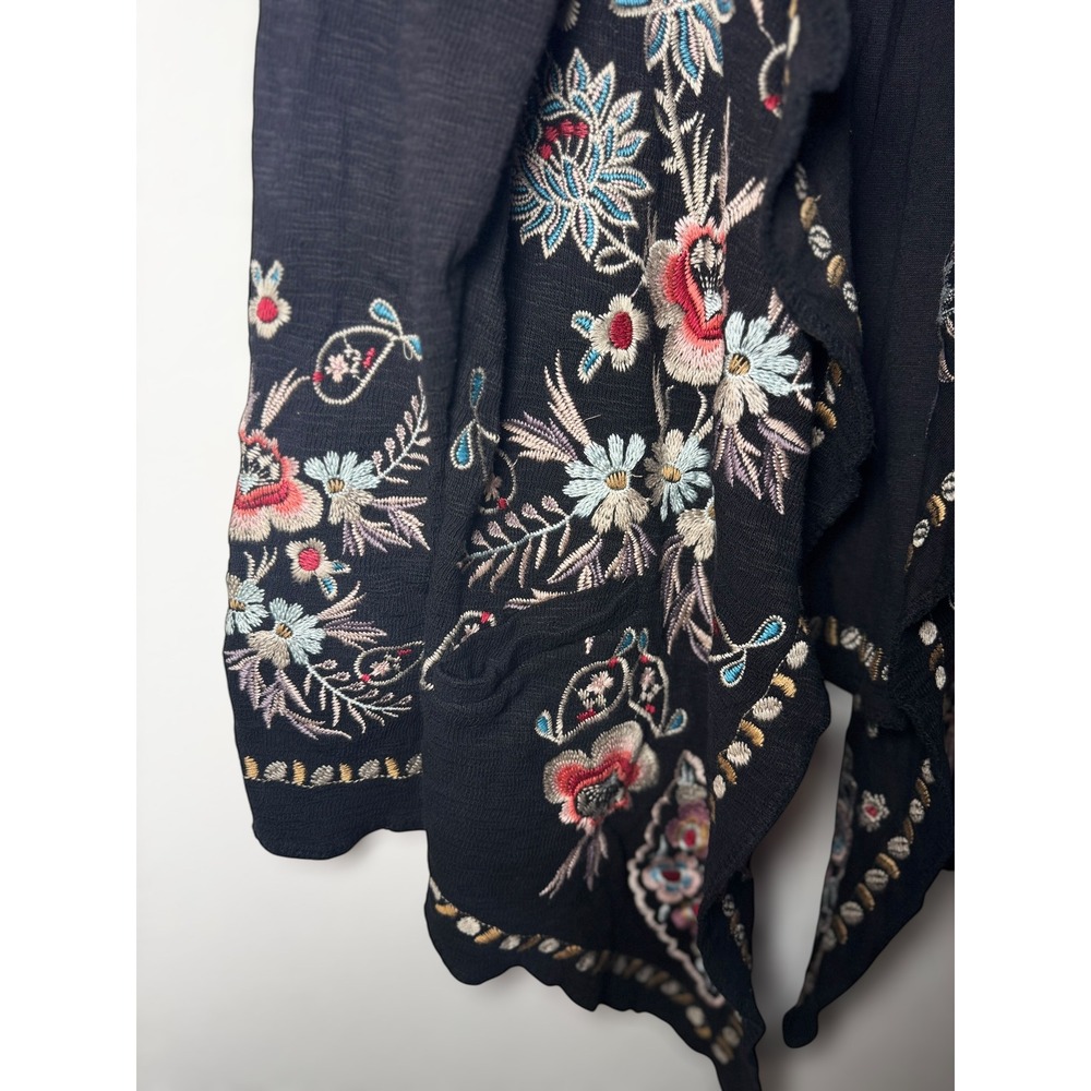 Time for Me Black Floral Embroidered Waterfall Open Front Cardigan Boho Women - Picture 4 of 12